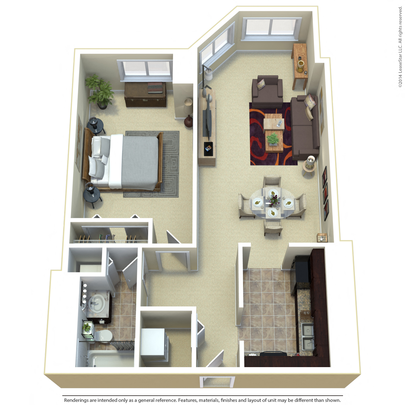 Floor plan for 1 bed, 1 bath, 725 sqft
